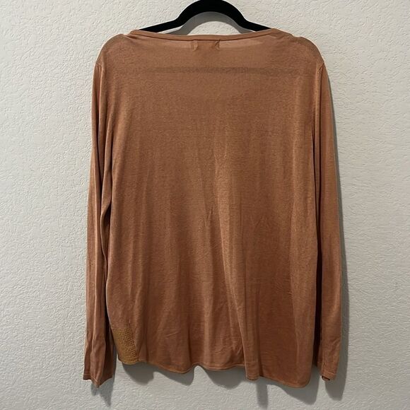 NEIMAN MARCUS Perforated Leather Front and Silk Cognac Long Sleeve Shirt, Size M - Picture 7 of 8